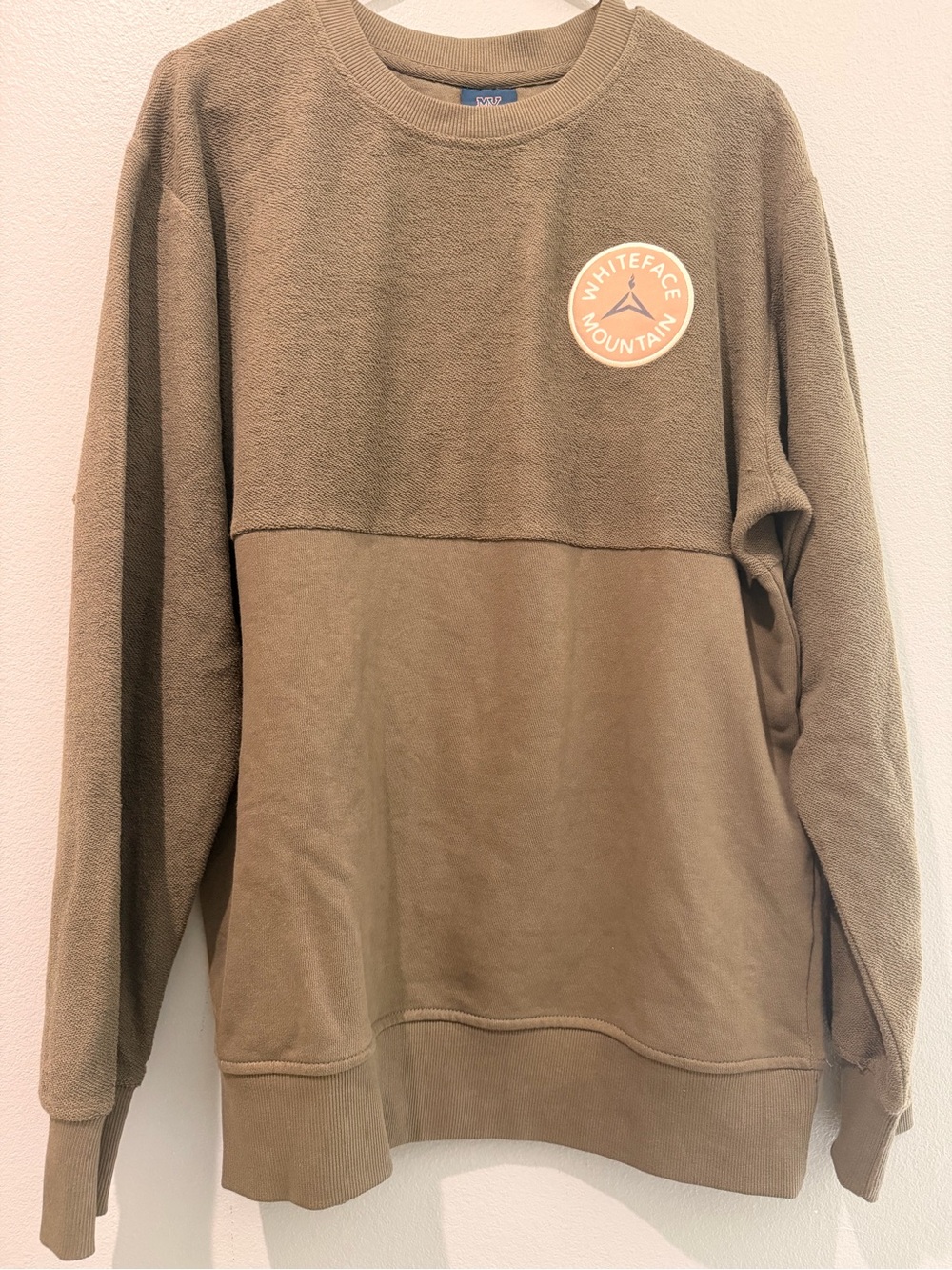 MV Sport Mixed Texture Olive Crewneck Sweatshirt Whiteface Mountain Patch Ski L